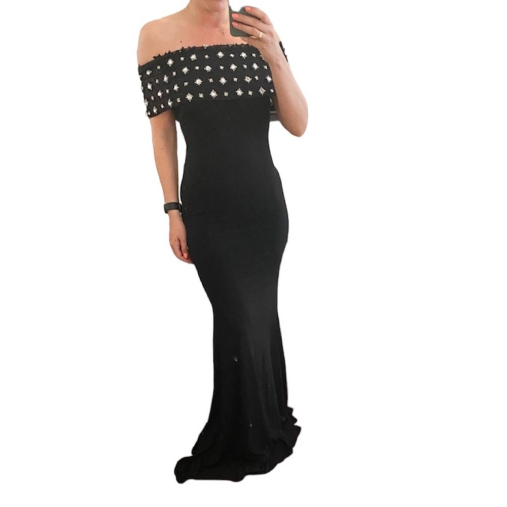 Jovani Black Tie Gown Off Shoulder Embellished Sequin Black Stretch Dress 4